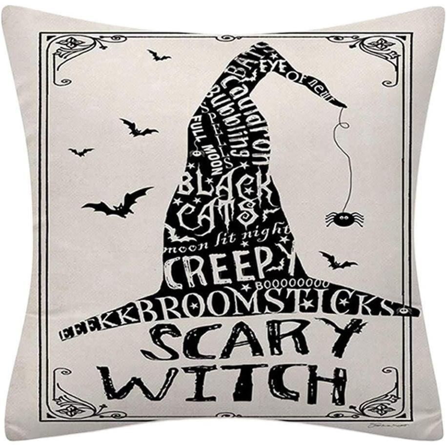 Witchy Words Throw Pillow Cover – Halloween Cat, Black Bats, Scary Witch – 18"x18" Cotton Linen (Insert Not Included)