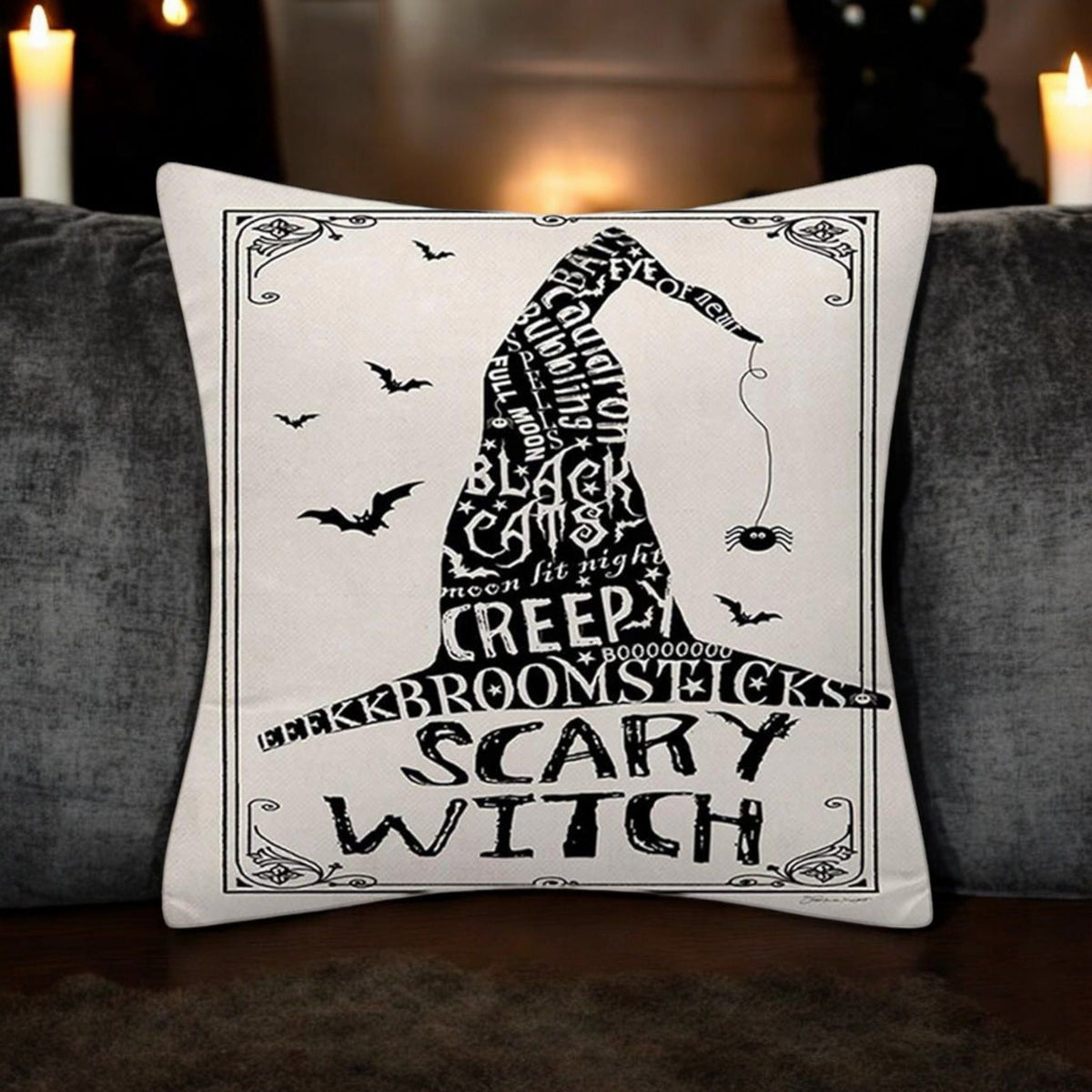 Witchy Words Throw Pillow Cover – Halloween Cat, Black Bats, Scary Witch – 18"x18" Cotton Linen (Insert Not Included)