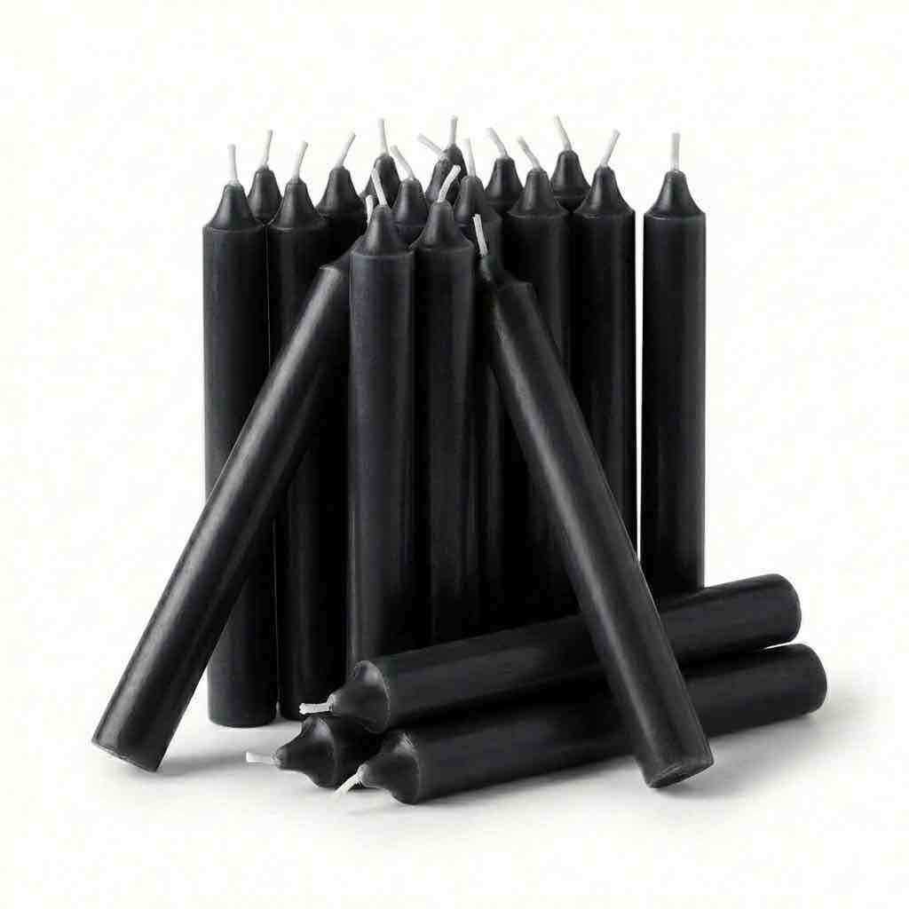 Pack of twenty black 1/2-inch chime spell candles for protection rituals banishing cord cutting shadow work and defensive candle magic practice