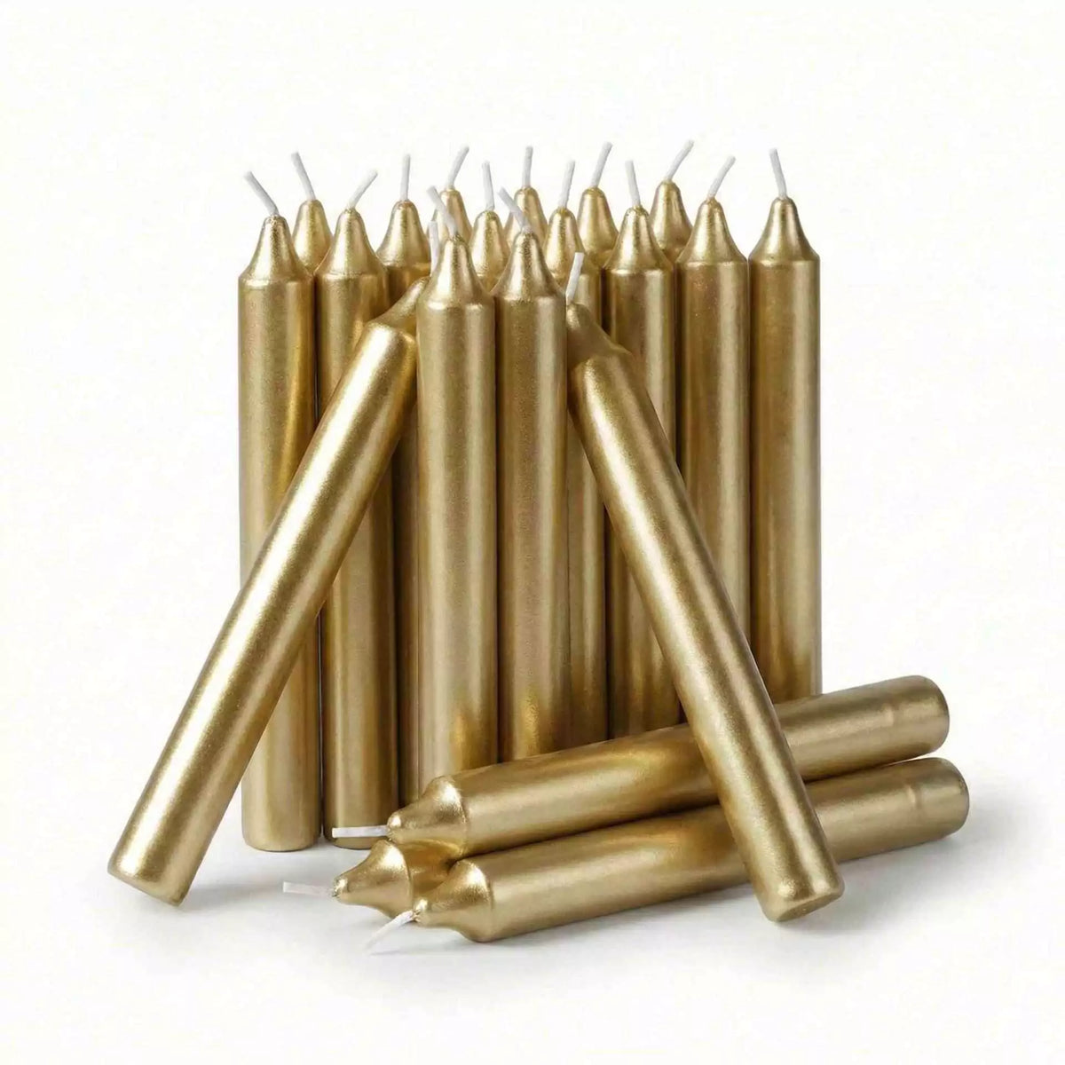 Pack of twenty metallic gold 1/2-inch chime spell candles for solar rituals wealth manifestation success magic and Litha Sun ceremony candle work