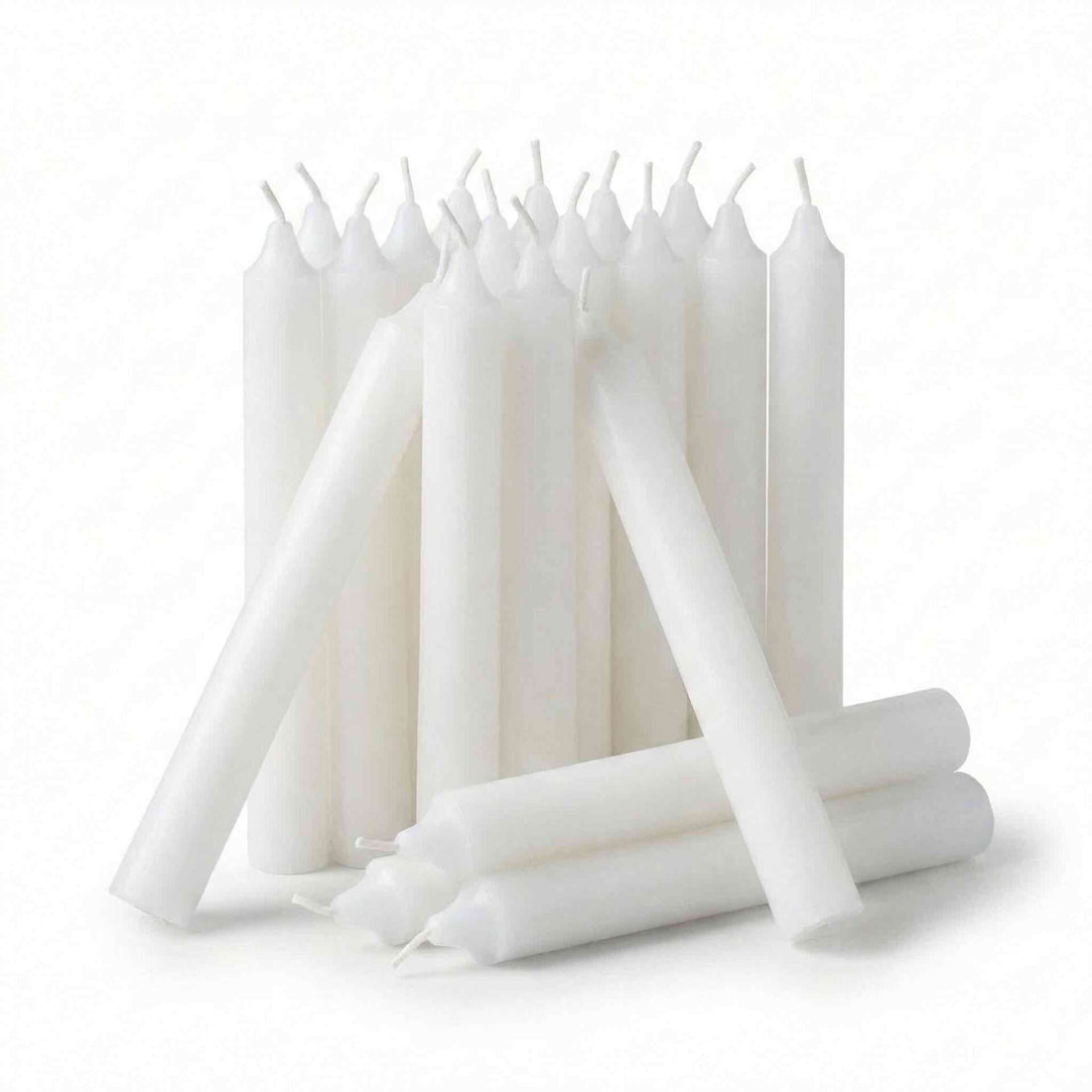 Pack of 20 white half-inch chime candles in a bundle — all-purpose ritual taper candles for altar and spellwork use.