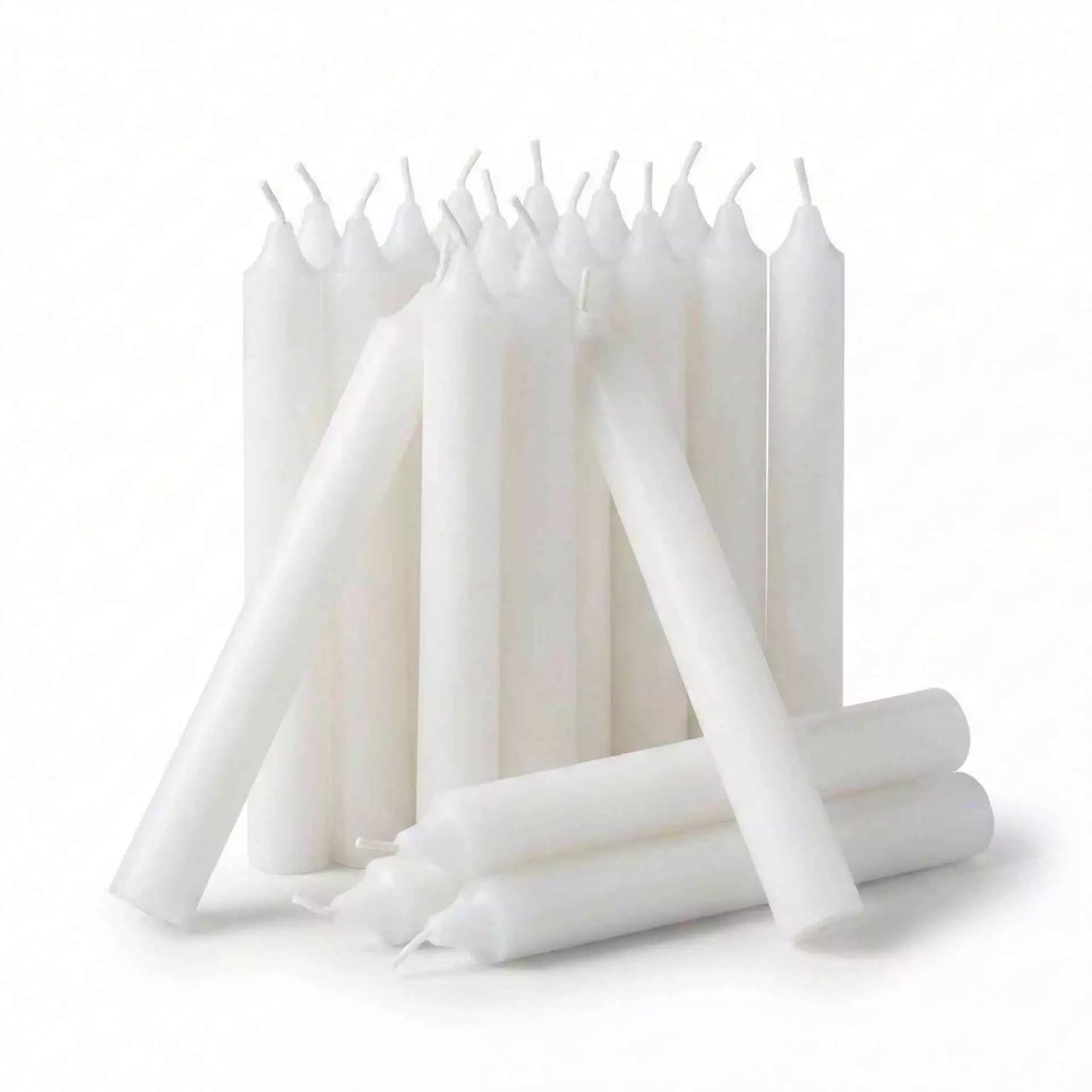 Pack of 20 white half-inch chime candles in a bundle — all-purpose ritual taper candles for altar and spellwork use.