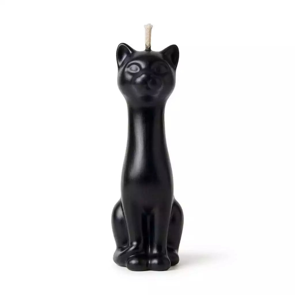 5.5-inch black wax candle sculpted as a sitting cat with a smooth finish and a wick at the top of the head for banishing and hex-breaking ritual burning.