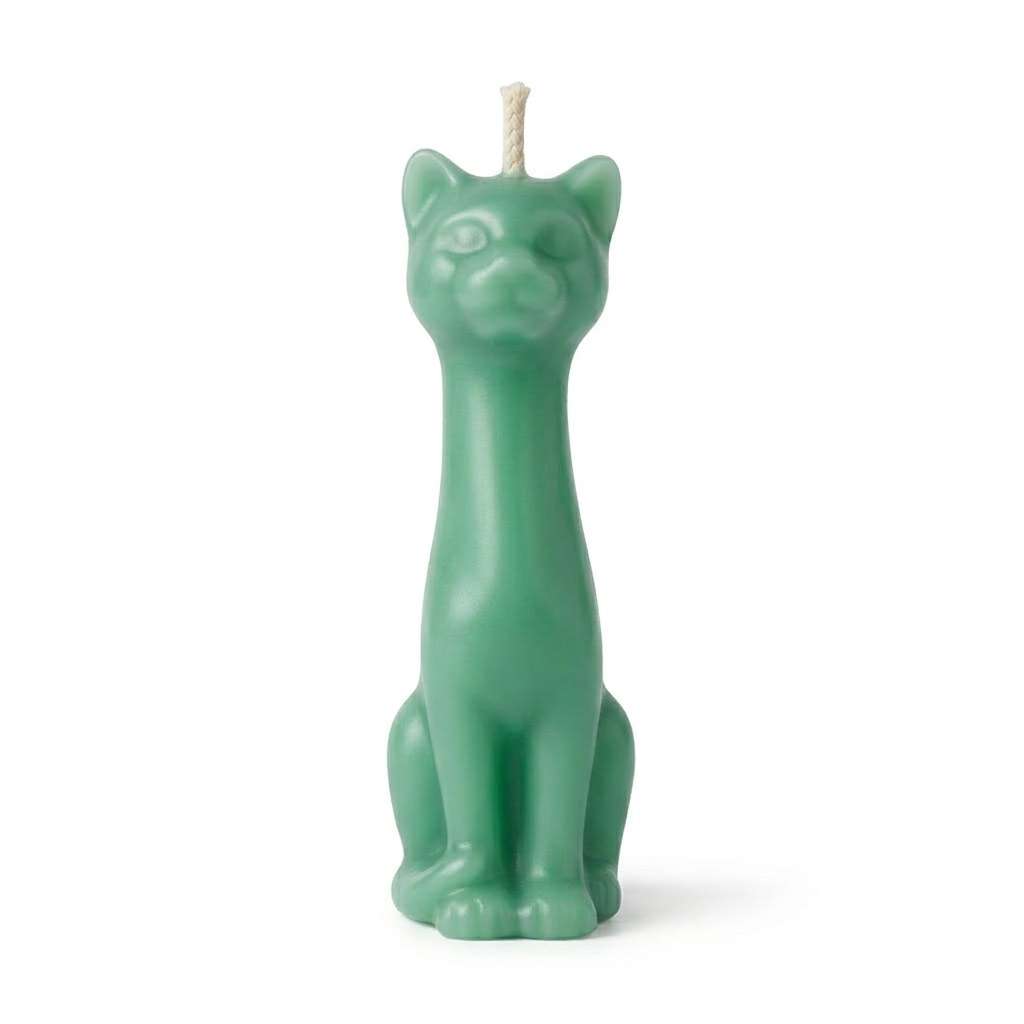 5.5-inch green wax candle sculpted as a sitting cat with a simple wick on top for hoodoo money drawing and prosperity ritual burning.