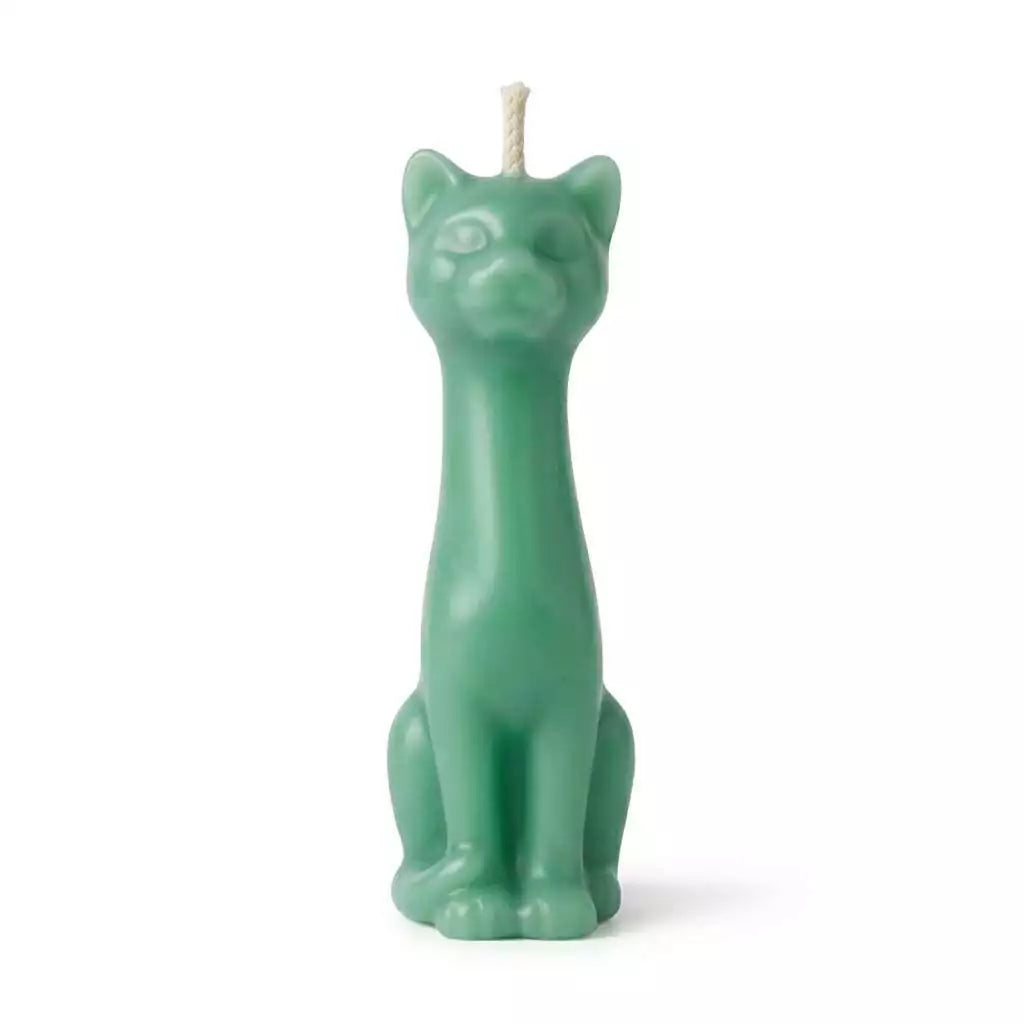 5.5-inch green wax candle sculpted as a sitting cat with a simple wick on top for hoodoo money drawing and prosperity ritual burning.