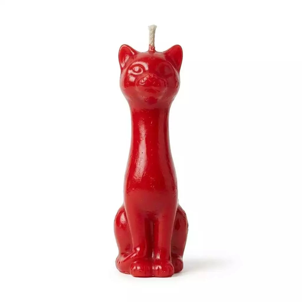 5.5-inch red wax candle sculpted as a sitting cat with a glossy finish and a wick on top for hoodoo love drawing and passion ritual burning.