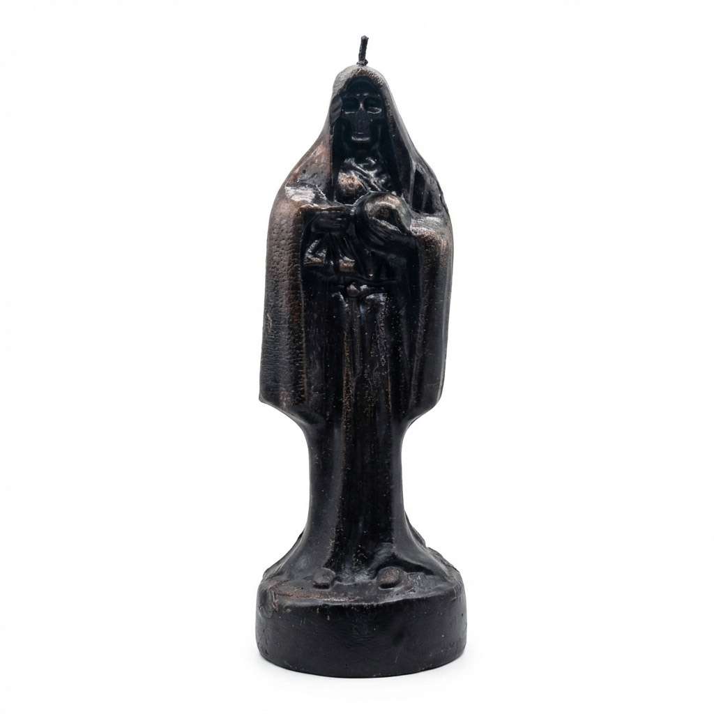 10-inch all-black Santa Muerte cloaked figure candle with textured robed surface and small wick at crown, for intense protection and banishing ritual work.