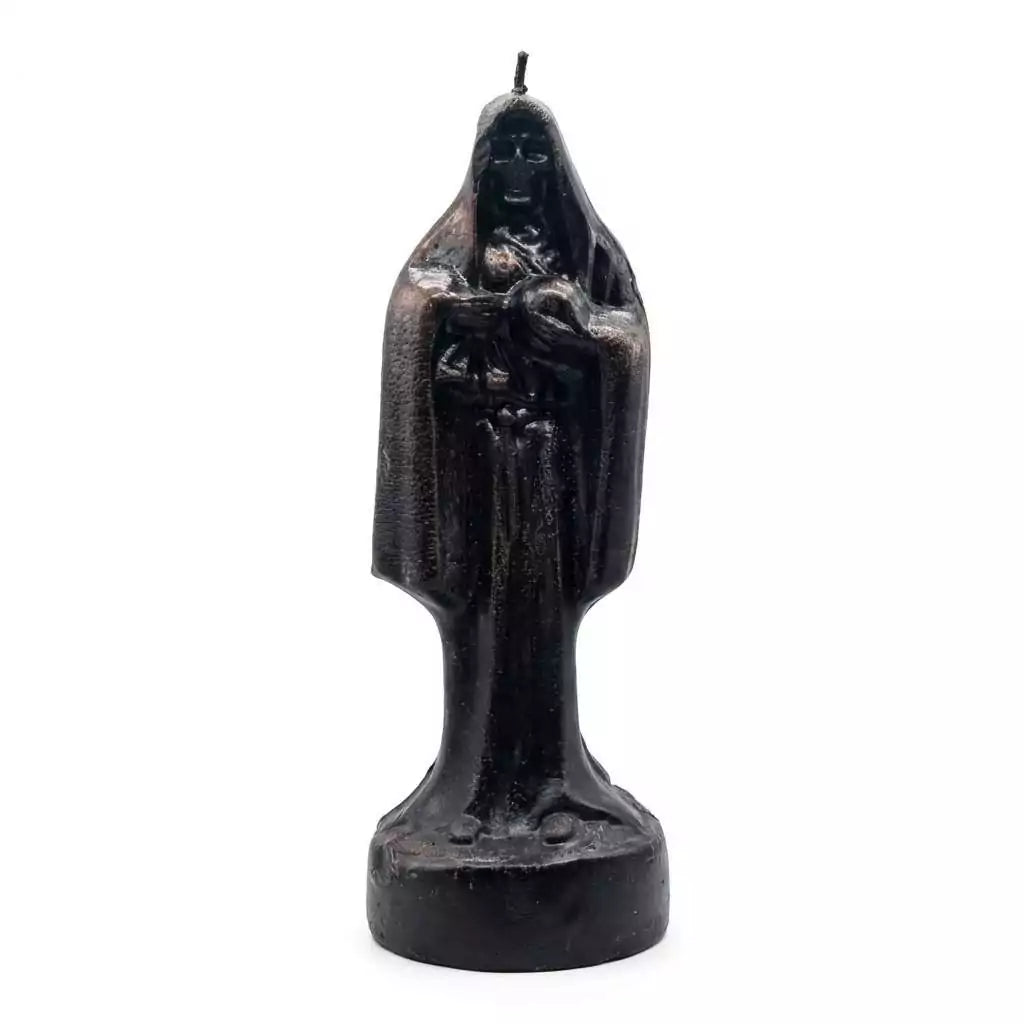 10-inch all-black Santa Muerte cloaked figure candle with textured robed surface and small wick at crown, for intense protection and banishing ritual work.