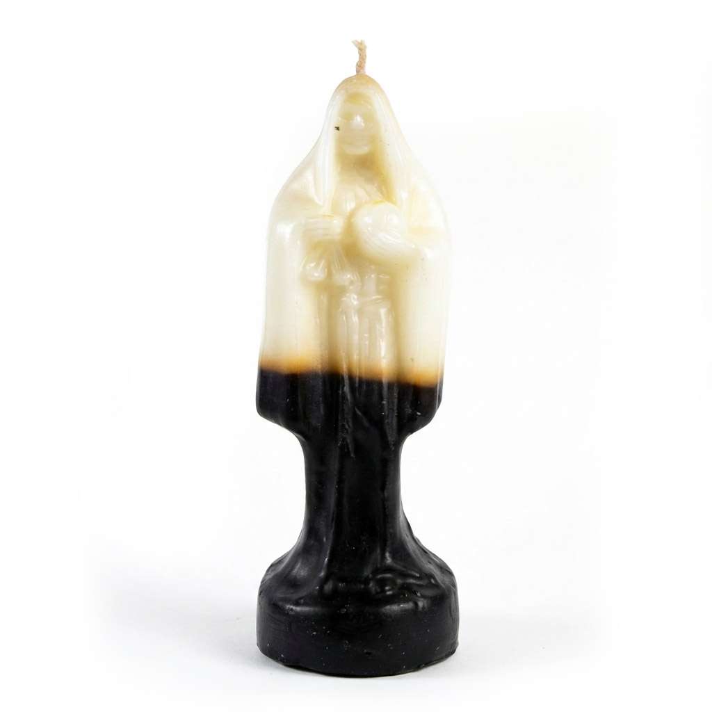 10-inch Santa Muerte figure candle with white wax at the top transitioning to black at the base, shaped as a robed Holy Death figure with a wick at the crown.