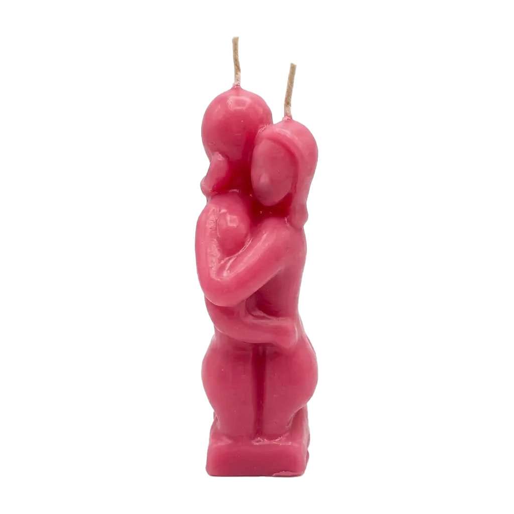 5-inch pink wax lovers figure candle depicting two figures embracing, with two wicks on top, for romance and love rituals.