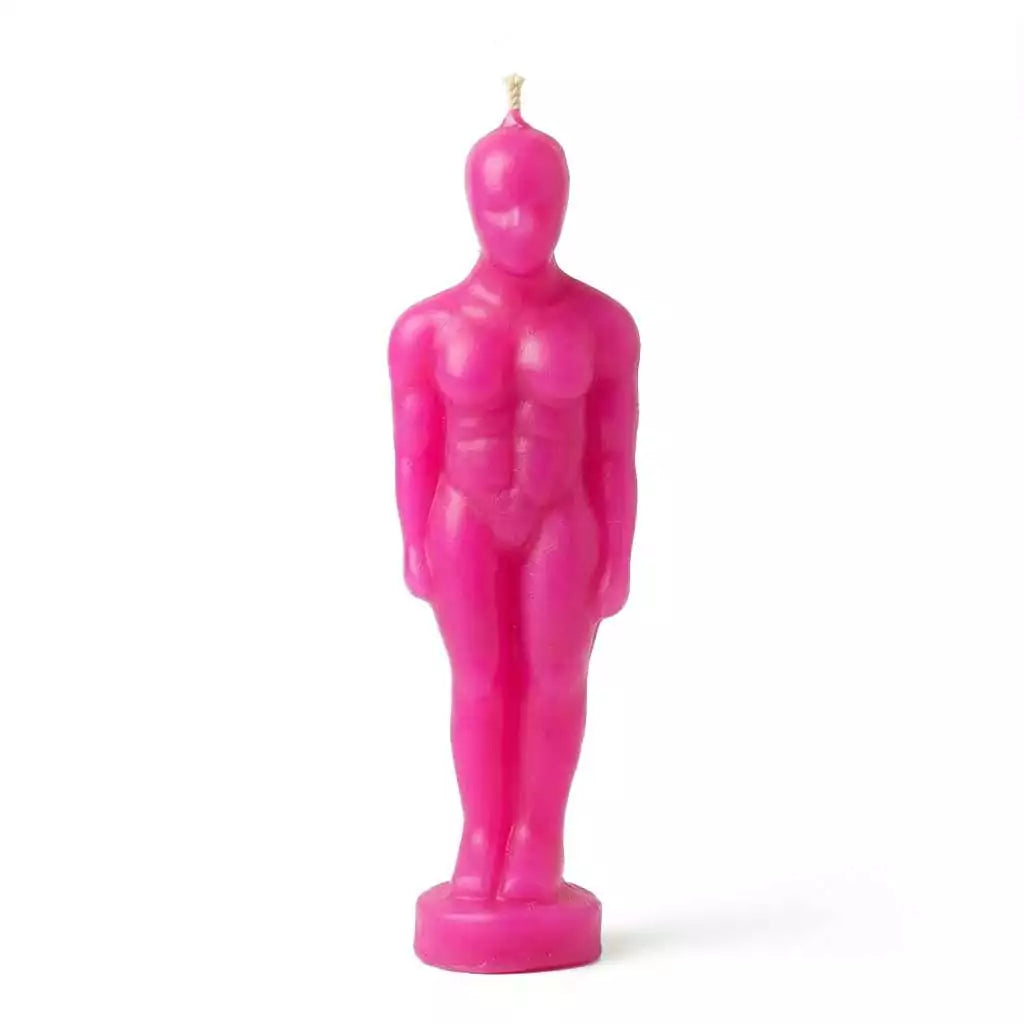 6.75-inch pink male figure candle cast in soft pink wax for love reconciliation and romantic attraction spellwork in folk magic tradition