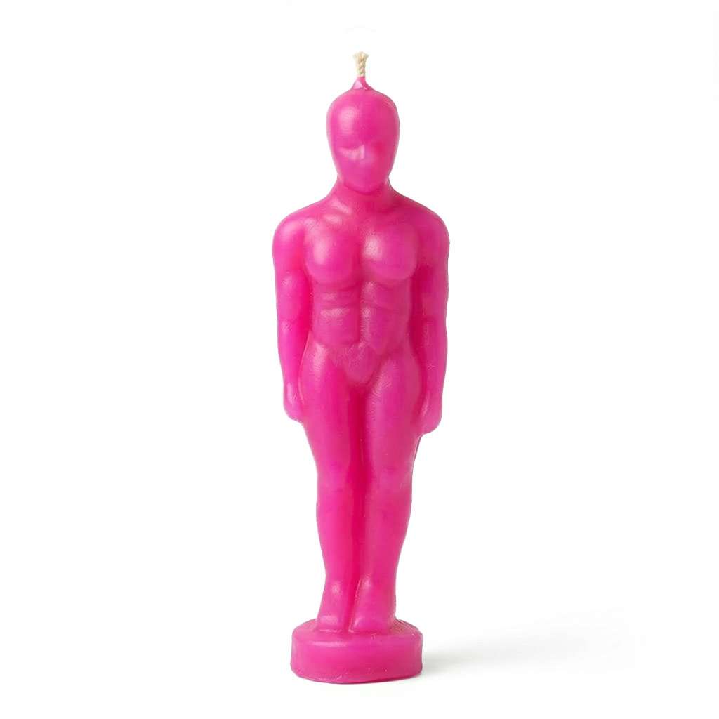 6.75-inch pink male figure candle cast in soft pink wax for love reconciliation and romantic attraction spellwork in folk magic tradition