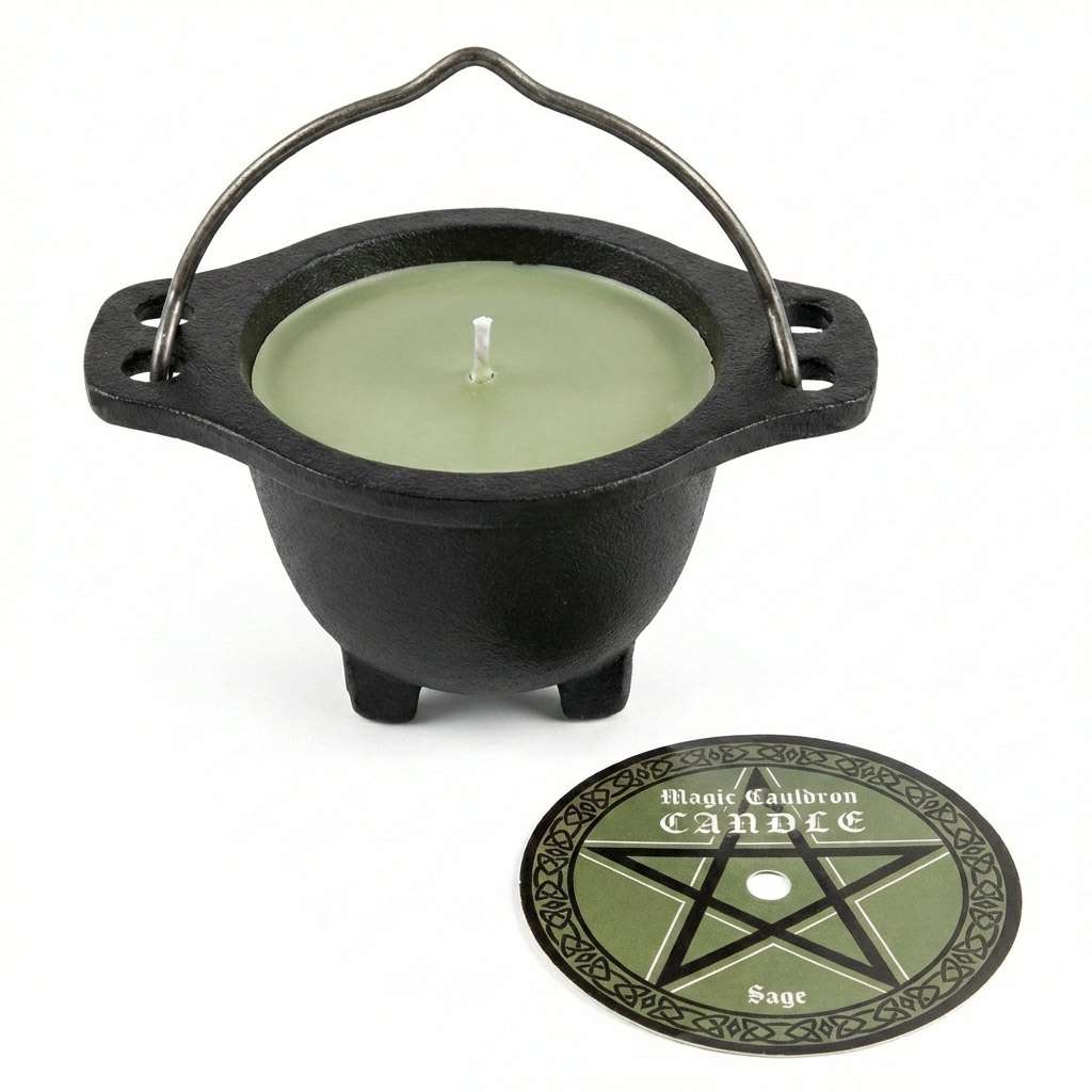 Small black cast iron cauldron containing a green sage-scented wax candle for altar cleansing and ritual decoration