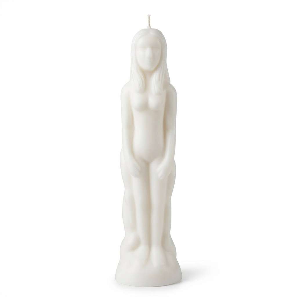 White wax female figure candle 8 inches — sympathetic magic ritual candle in woman form for healing, purification, and female empowerment hoodoo spell work.