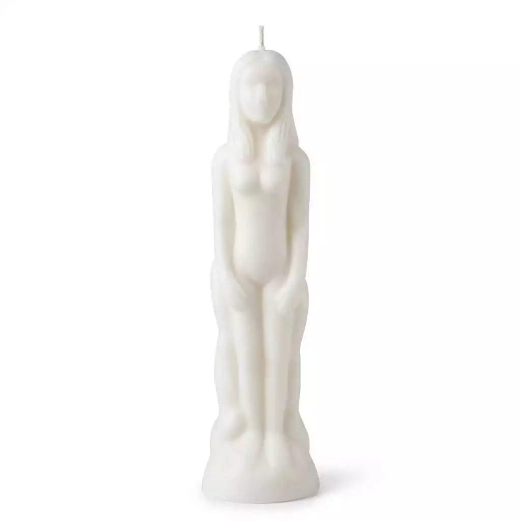 White wax female figure candle 8 inches — sympathetic magic ritual candle in woman form for healing, purification, and female empowerment hoodoo spell work.