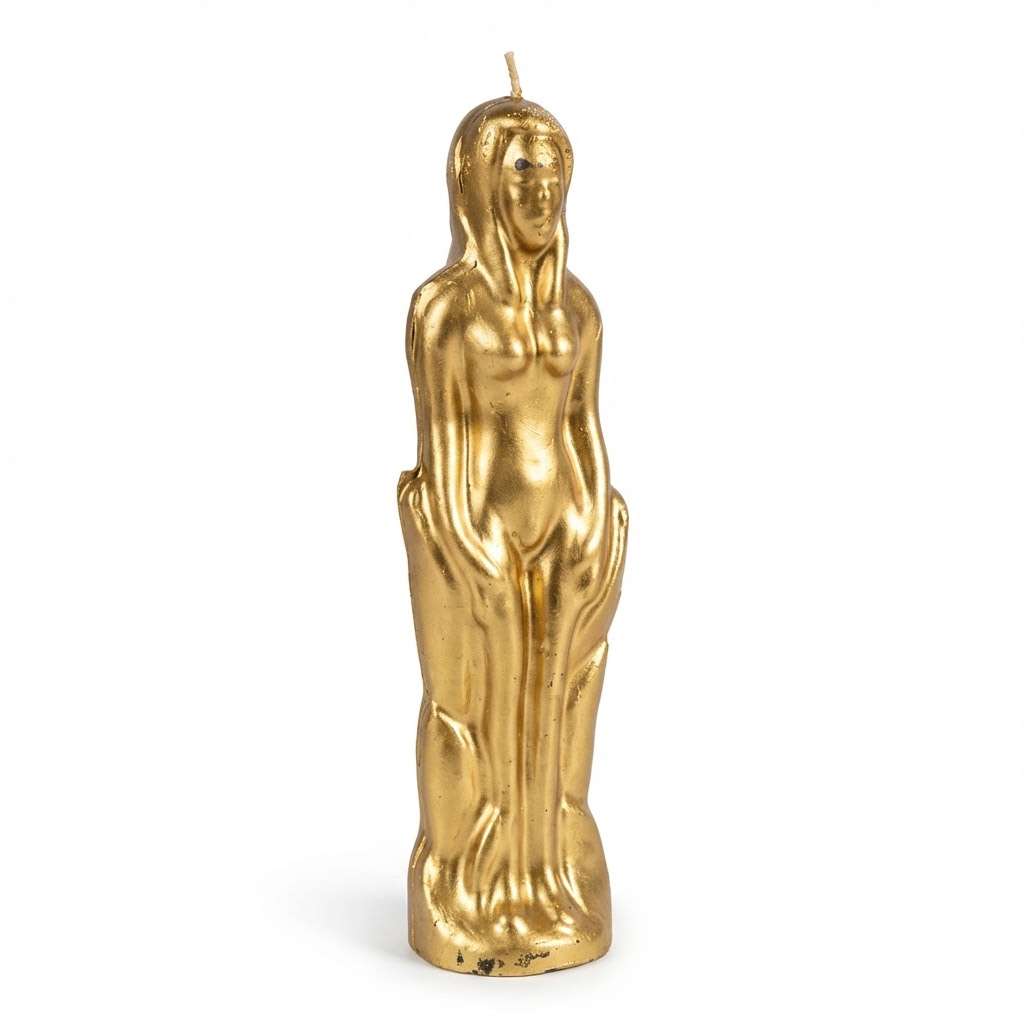 7-inch gold-colored female figure ritual candle standing upright — smooth paraffin cast in shape of a woman used in hoodoo spellwork for success and abundance.