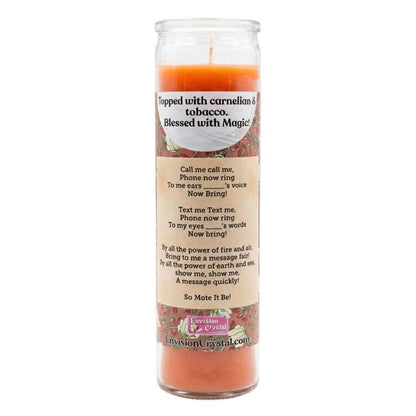 Tall orange ritual candle with prayer label indicating carnelian and tobacco contents — intent-focused candle for drawing communication and positive energy.