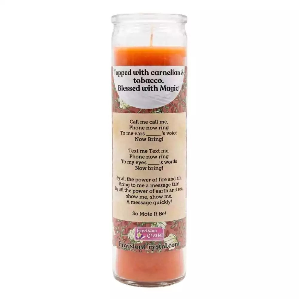 Tall orange ritual candle with prayer label indicating carnelian and tobacco contents — intent-focused candle for drawing communication and positive energy.