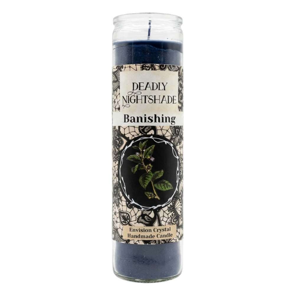 Dark blue Deadly Nightshade banishing jar candle by Envision Crystals with botanical illustration label — aromatic 7-day ritual candle for banishing negative energy.