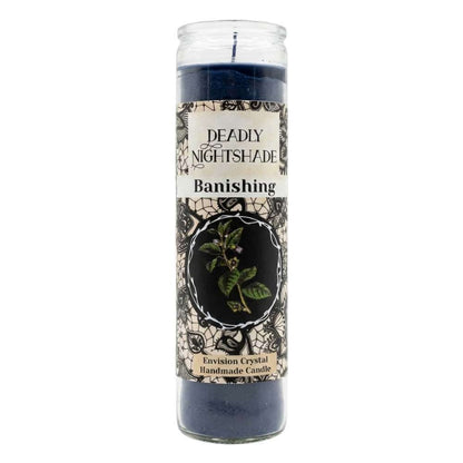Dark blue Deadly Nightshade banishing jar candle by Envision Crystals with botanical illustration label — aromatic 7-day ritual candle for banishing negative energy.