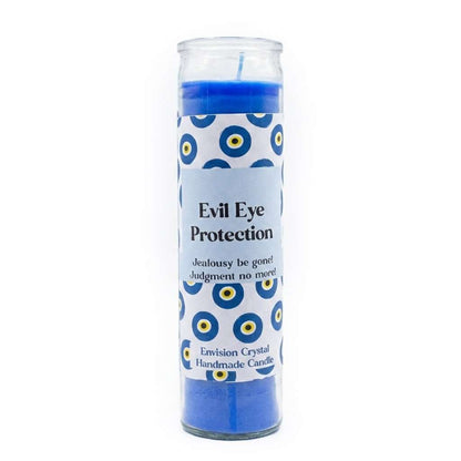 Blue Evil Eye Protection aromatic jar candle by Envision Crystal with nazar-themed label for jealousy shielding ritual