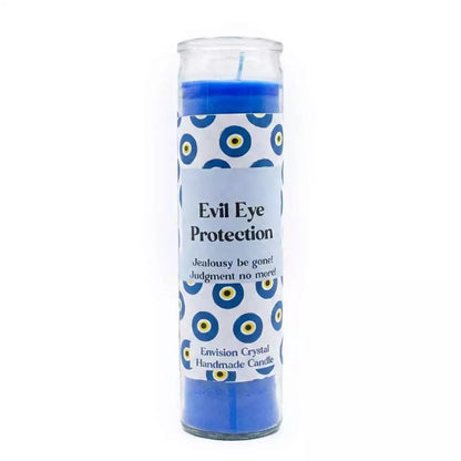 Blue Evil Eye Protection aromatic jar candle by Envision Crystal with nazar-themed label for jealousy shielding ritual