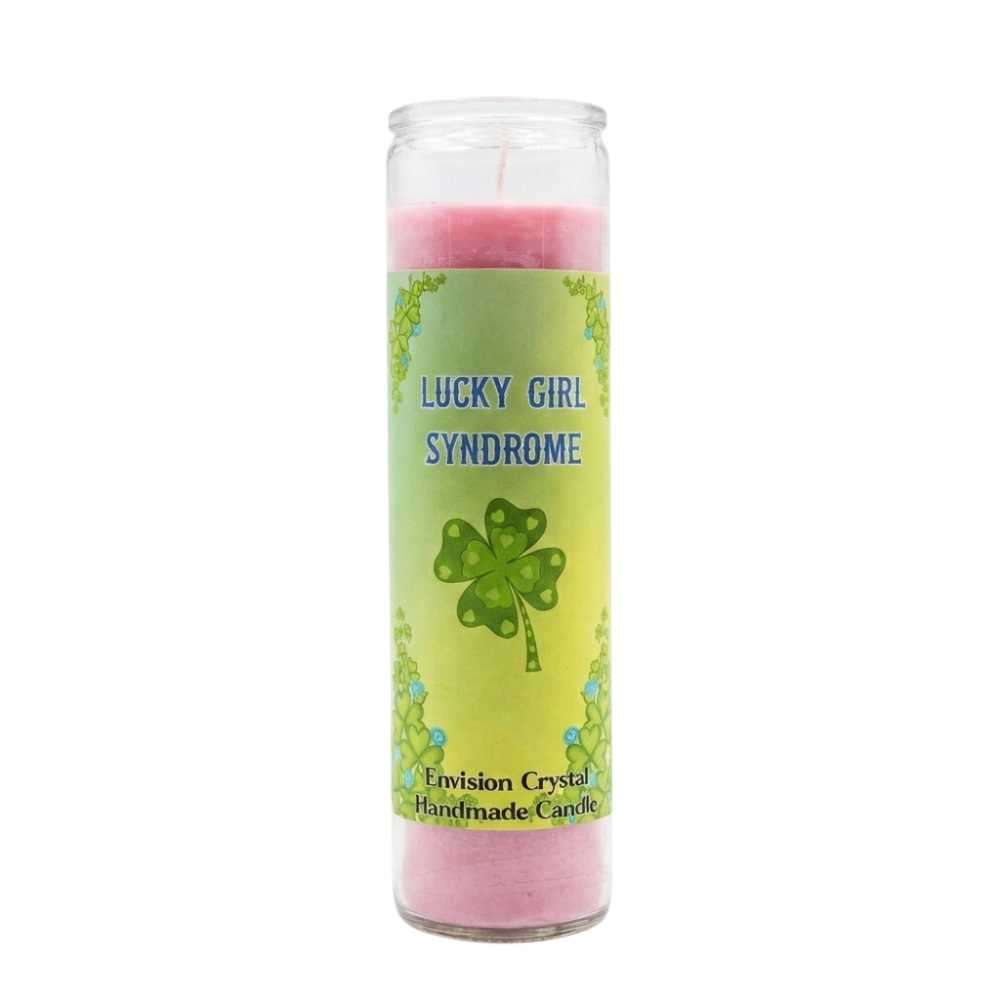 Pink Lucky Girl Syndrome manifestation candle with Carnelian and Damiana embedded in glass jar by Envision Crystal