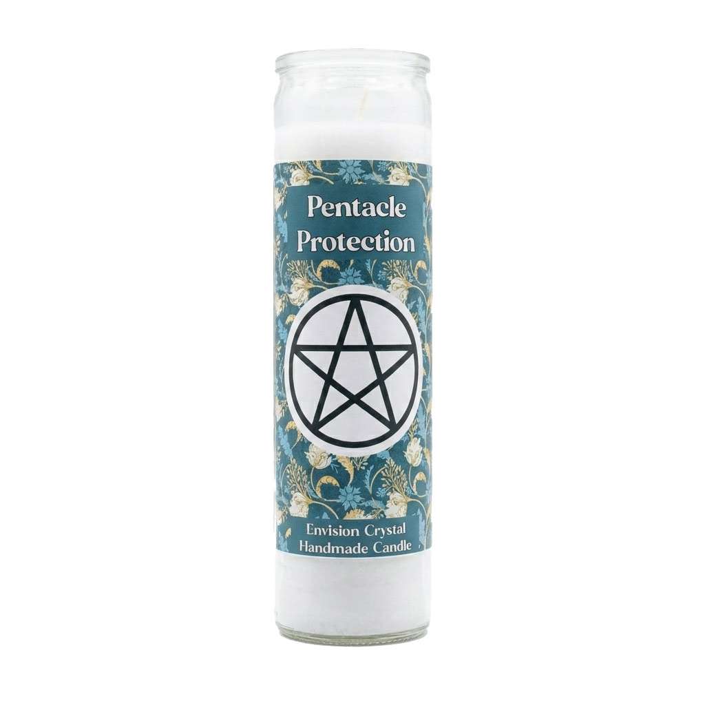 Pentacle Protection ritual jar candle with warding symbol label, 7-day shielding candle for home protection and spiritual defense