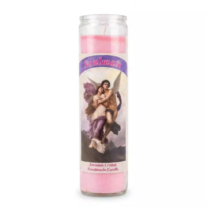 Tall pink devotional soulmate candle in glass jar featuring cherubic figure embracing a person on a spiritual label for love attraction rituals