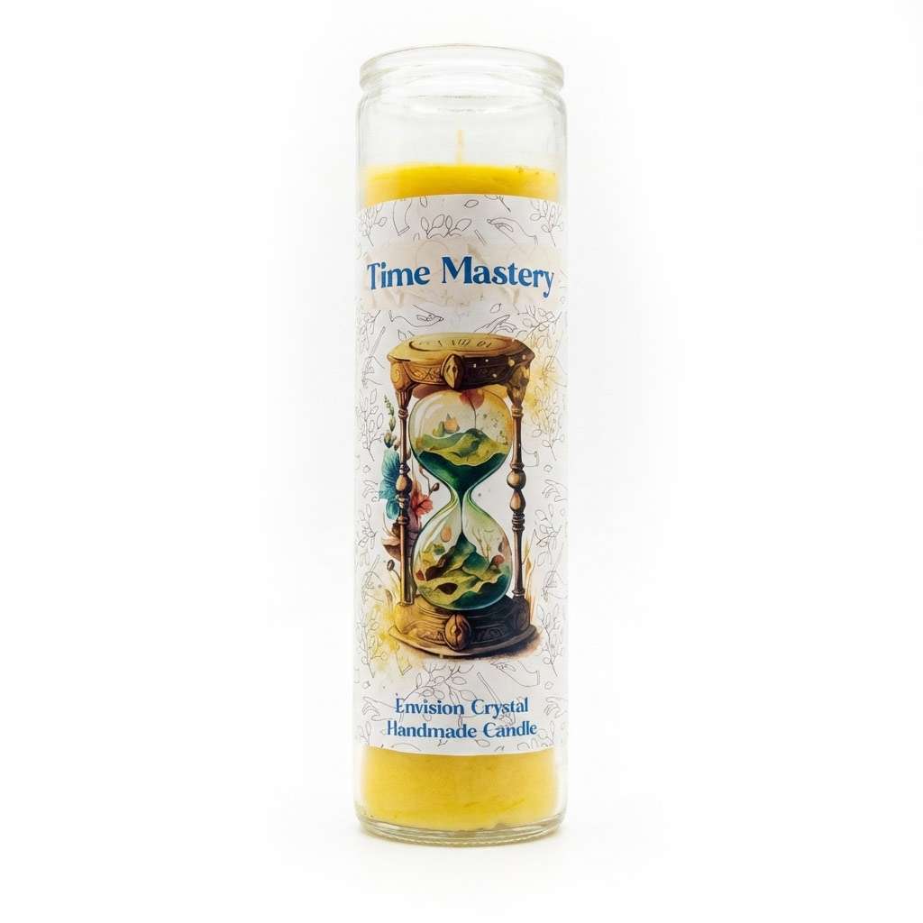 Time Mastery ritual jar candle with label depicting focus and productivity symbolism, 7-day spiritual candle for disciplined intention work