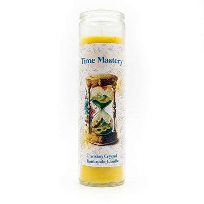Time Mastery ritual jar candle with label depicting focus and productivity symbolism, 7-day spiritual candle for disciplined intention work