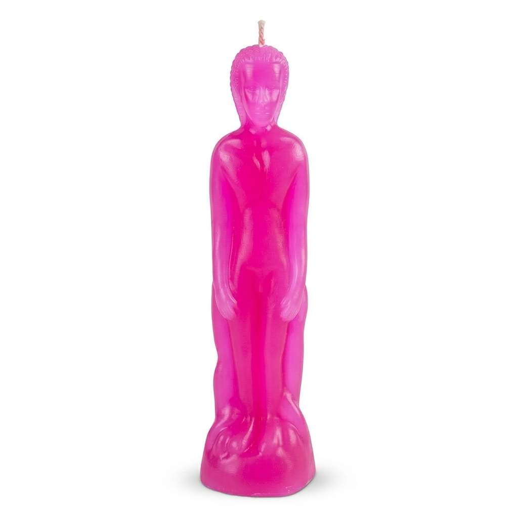 Pink wax candle sculpted as a standing male figure with detailed features and a wick at the top, for gentle love attraction ritual work.
