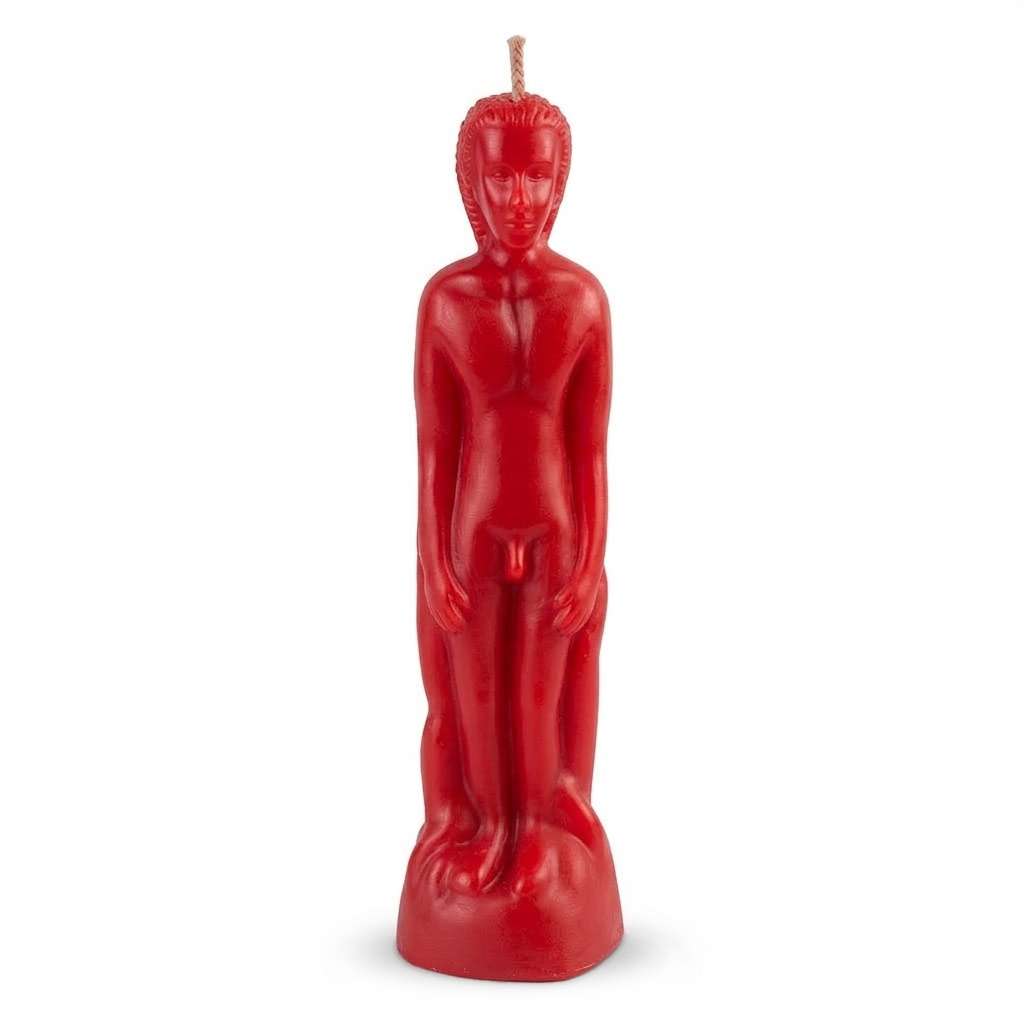 8-inch red wax candle sculpted in the shape of a standing male figure with a wick at the top, for hoodoo love drawing and strength rituals.
