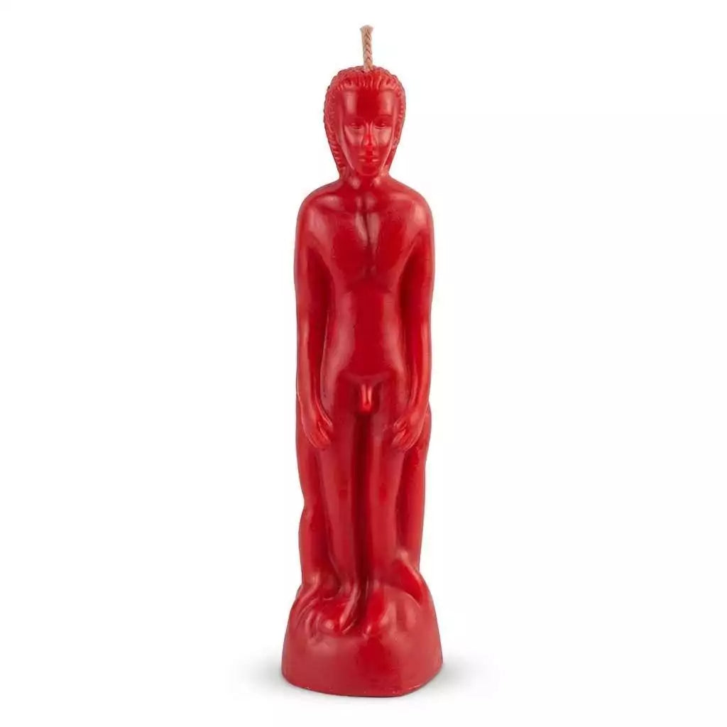 8-inch red wax candle sculpted in the shape of a standing male figure with a wick at the top, for hoodoo love drawing and strength rituals.