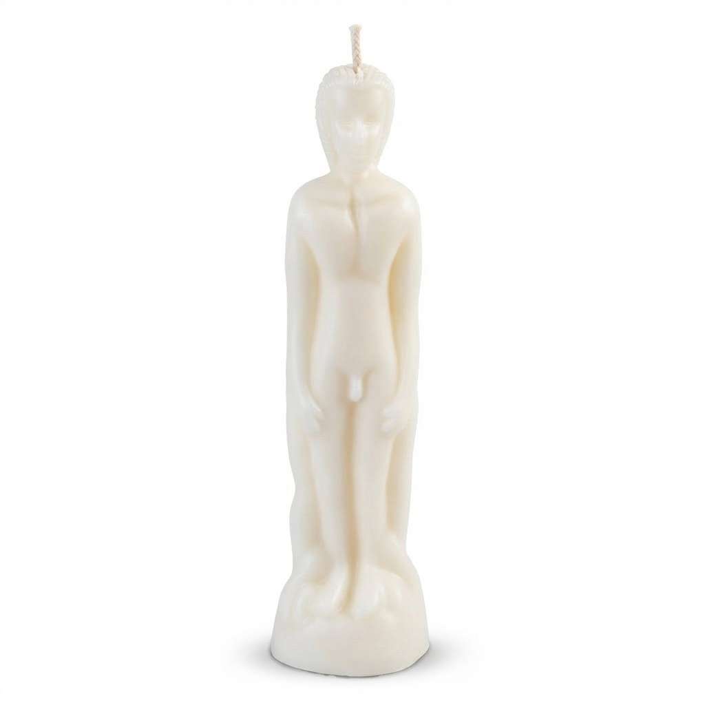 White wax figure candle 8 inches tall shaped like a standing human male, used in hoodoo and sympathetic magic for healing, protection, and blessing rituals.