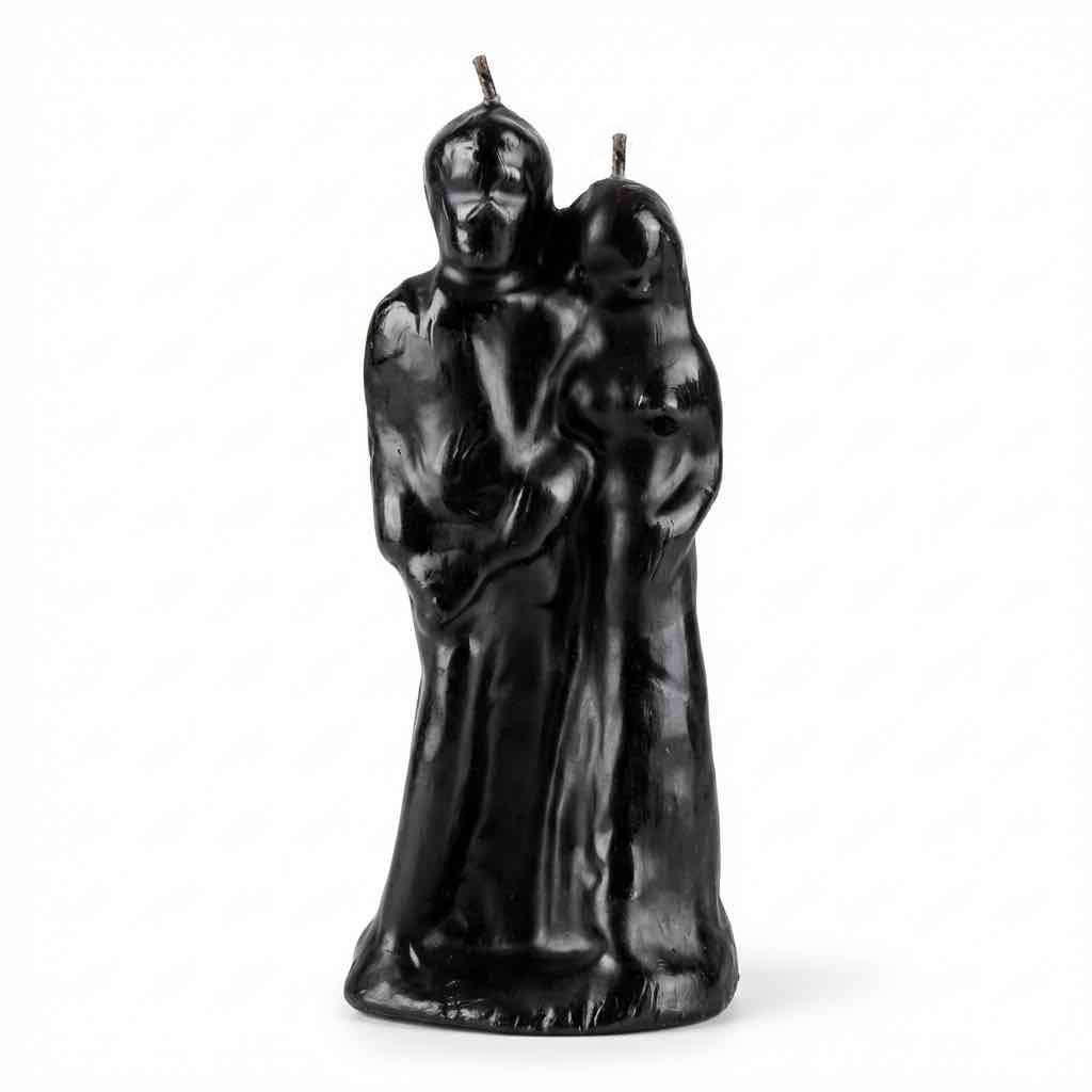 6-inch black wax bride and groom figural candle for hoodoo separation rituals — a black couple-shaped figure candle used in rootwork and conjure tradition.
