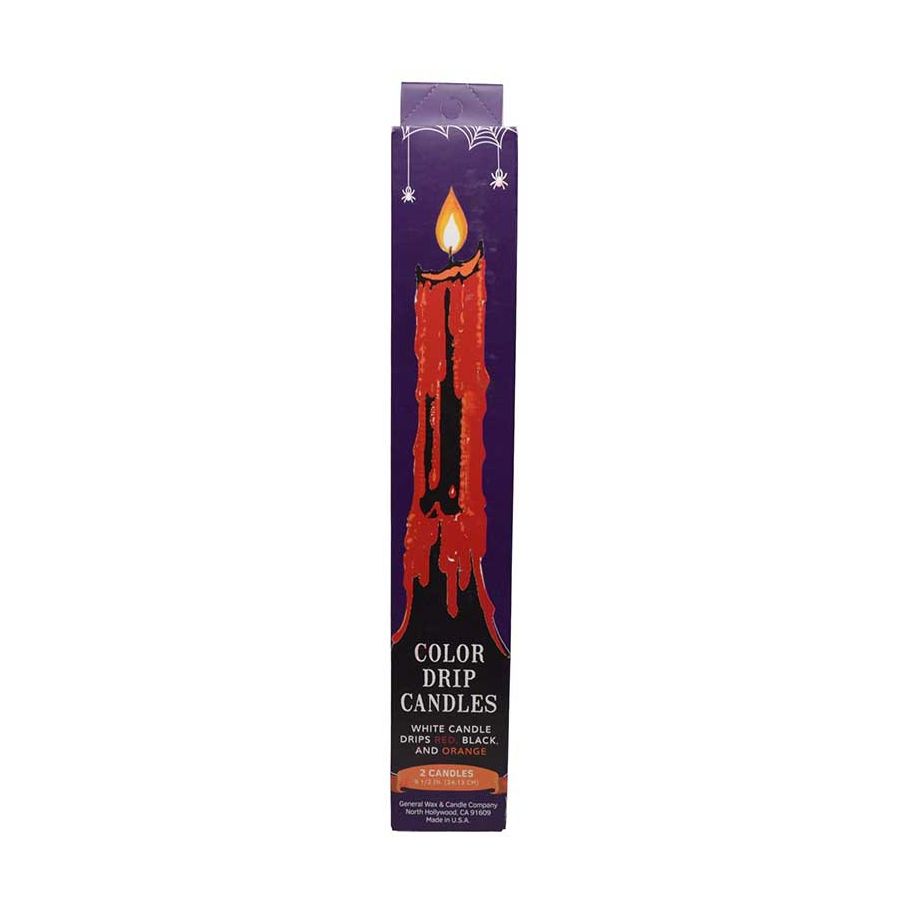 Set of 2 red black and orange drip taper candles for ritual spellwork showing dramatic wax drip coloring for altar and candle magic use