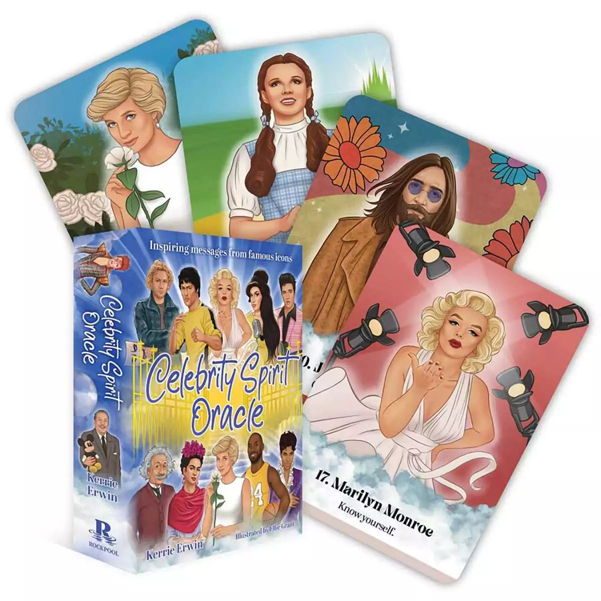 Celebrity Spirit Oracle box by Kerrie Erwin and Ellie Grant with fanned portrait cards, including 17. Marilyn Monroe: Know yourself, and a cover of famous faces beneath golden gates