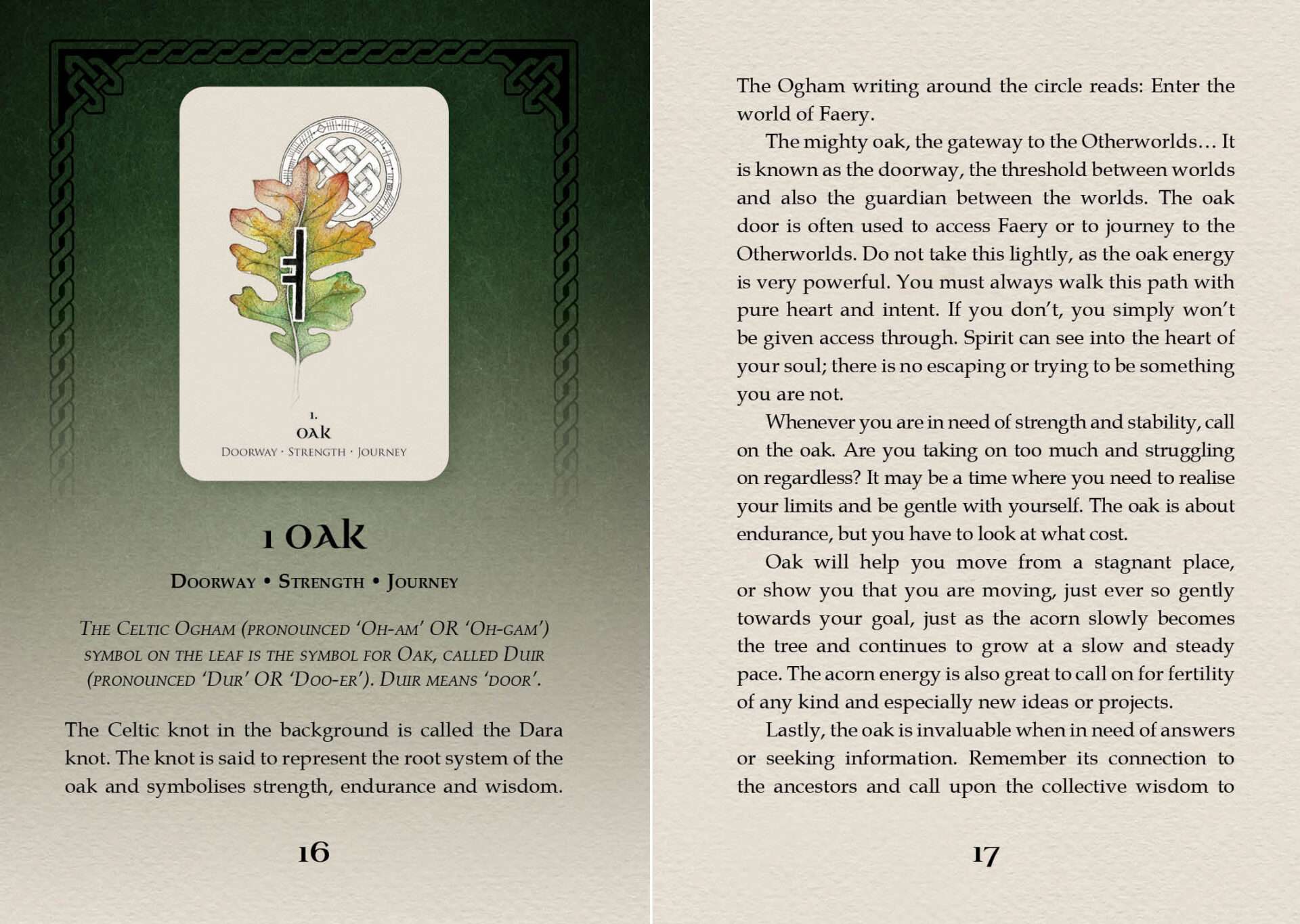 Celtic Spirit Oracle card featuring an illustration of an ancient oak tree with Celtic imagery and descriptive text
