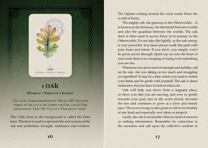 Celtic Spirit Oracle card featuring an illustration of an ancient oak tree with Celtic imagery and descriptive text