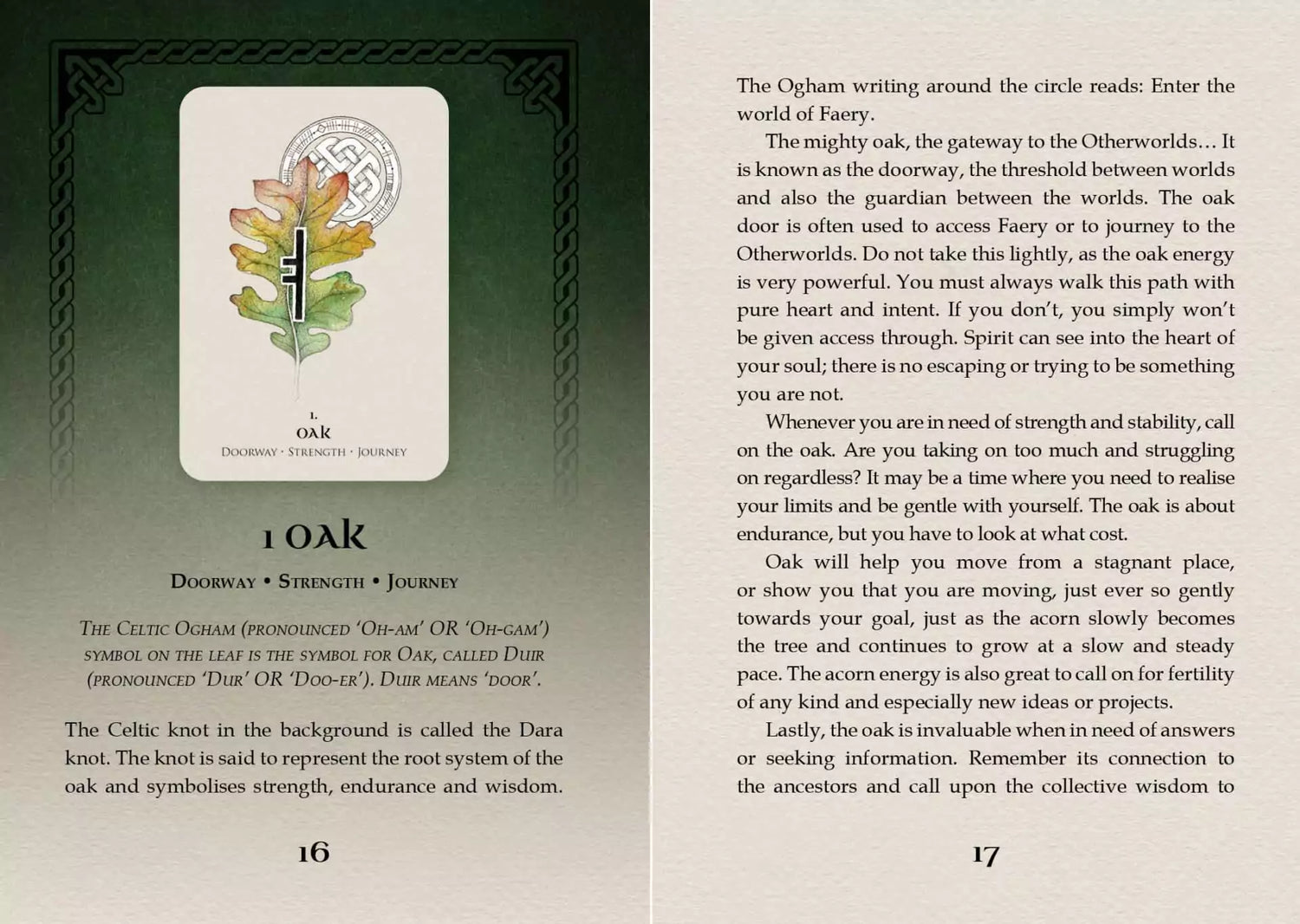 Celtic Spirit Oracle card featuring an illustration of an ancient oak tree with Celtic imagery and descriptive text