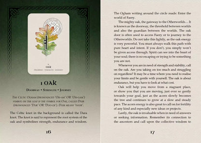 Celtic Spirit Oracle card featuring an illustration of an ancient oak tree with Celtic imagery and descriptive text