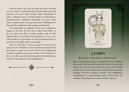 Celtic Spirit Oracle card showing a fawn character with antlers surrounded by oak leaves and Celtic knotwork