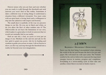 Celtic Spirit Oracle card showing a fawn character with antlers surrounded by oak leaves and Celtic knotwork