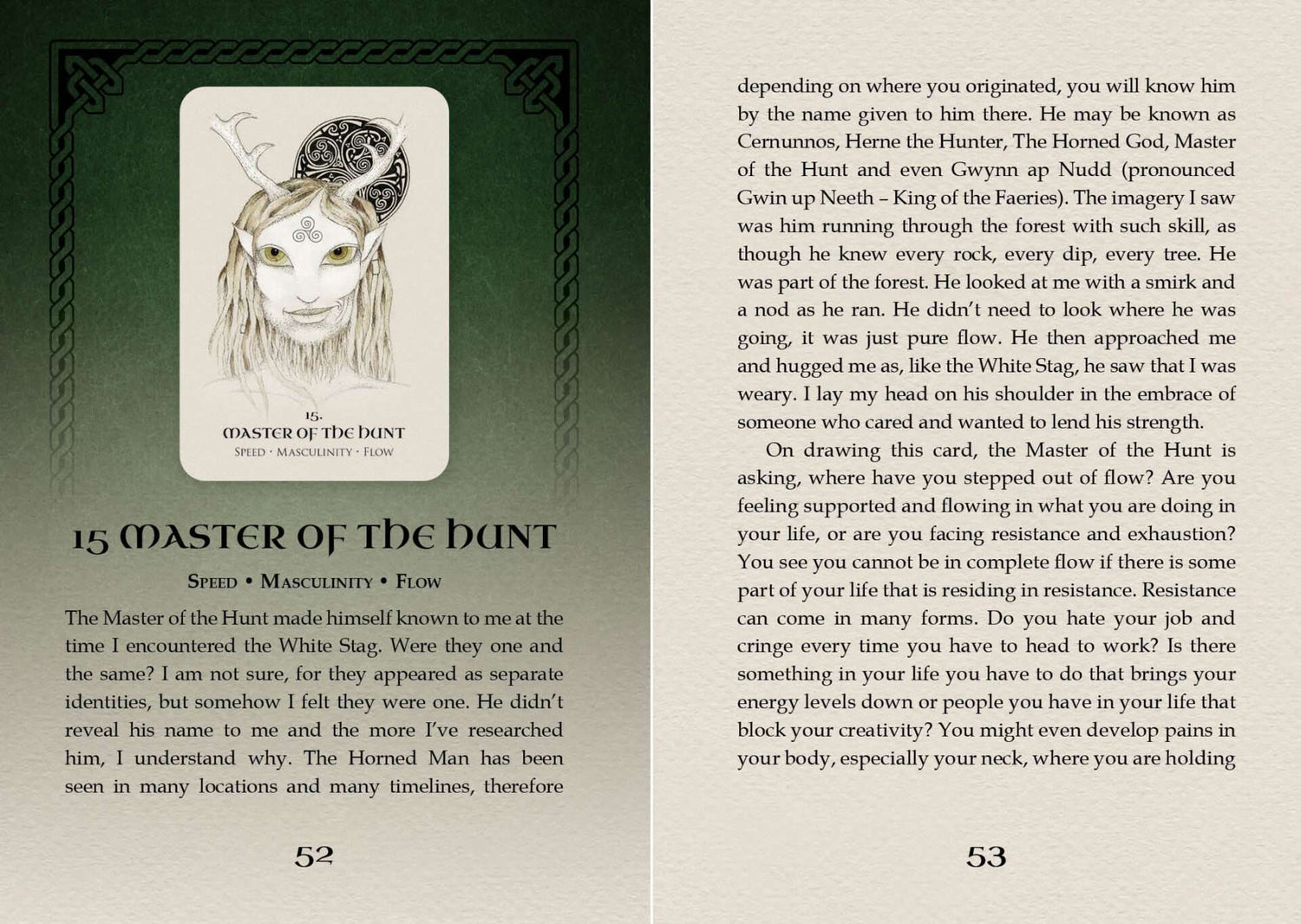 Celtic Spirit Oracle card titled Master of the Hunt featuring an illustrated forest hunter figure with antlered helm