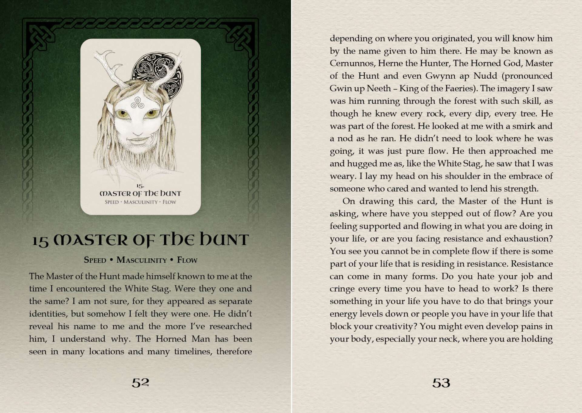 Celtic Spirit Oracle card titled Master of the Hunt featuring an illustrated forest hunter figure with antlered helm