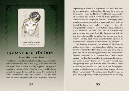 Celtic Spirit Oracle card titled Master of the Hunt featuring an illustrated forest hunter figure with antlered helm