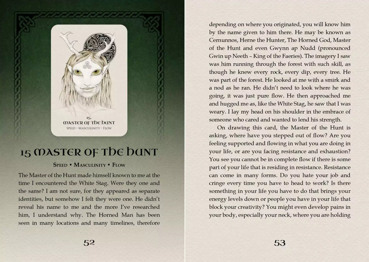 Celtic Spirit Oracle card titled Master of the Hunt featuring an illustrated forest hunter figure with antlered helm