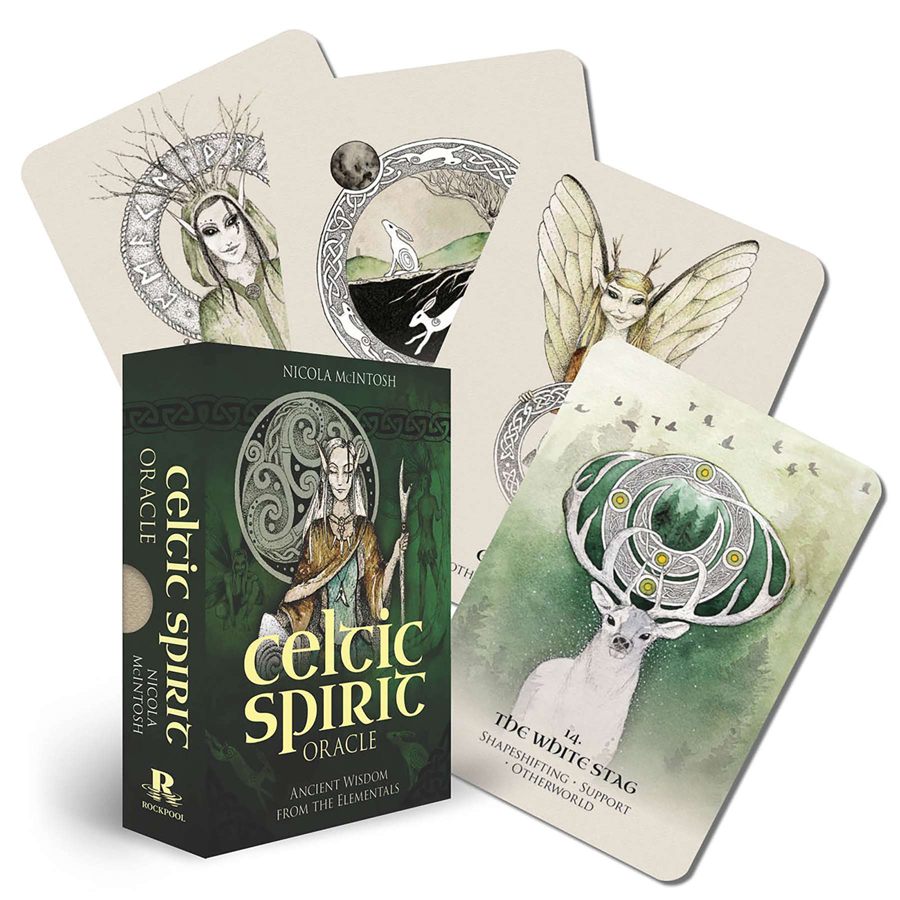 Celtic Spirit Oracle deck box with several illustrated cards fanned out showing intricate Celtic knotwork and nature spirit imagery