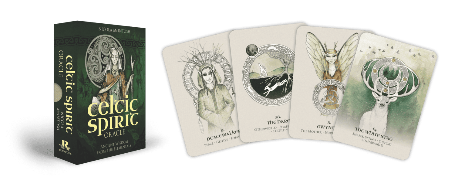 Celtic Spirit Oracle card deck displayed alongside its companion guidebook with forest scene on the cover